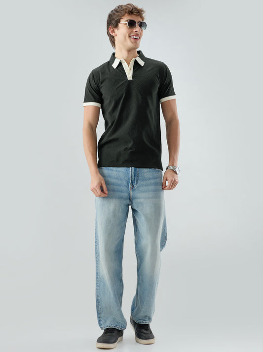 Olive Chevron Contrast Polo Neck Knit T-shirt