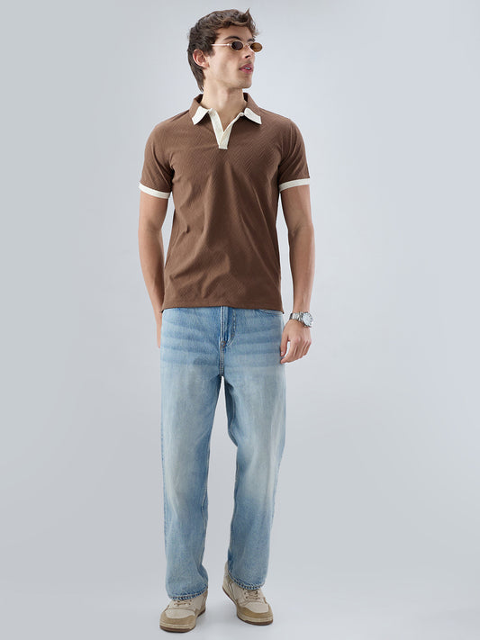 Brown Chevron Contrast Knit Polo Neck T-shirt