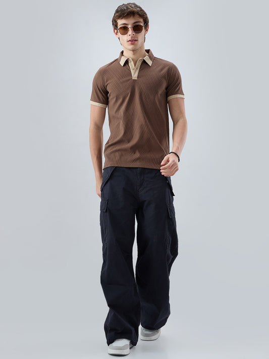 Coffee Brown Contrast Polo Neck Knit T-shirt