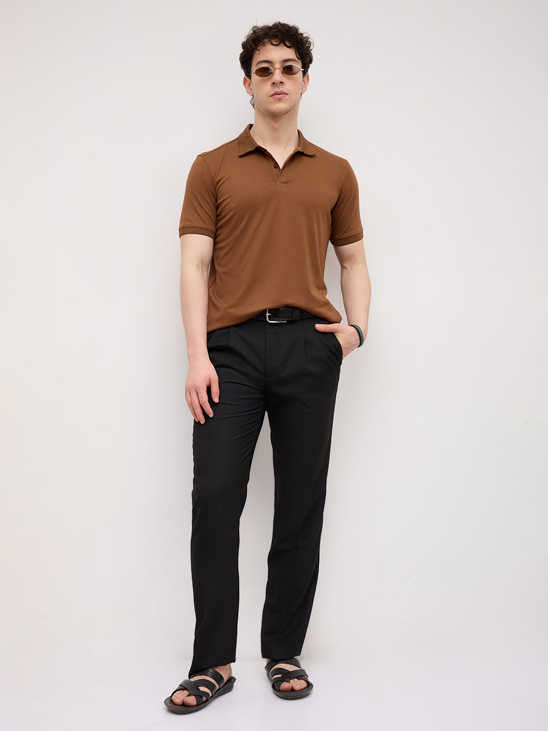 Solid Caramel Brown Honeycomb Polo Knit T-Shirt
