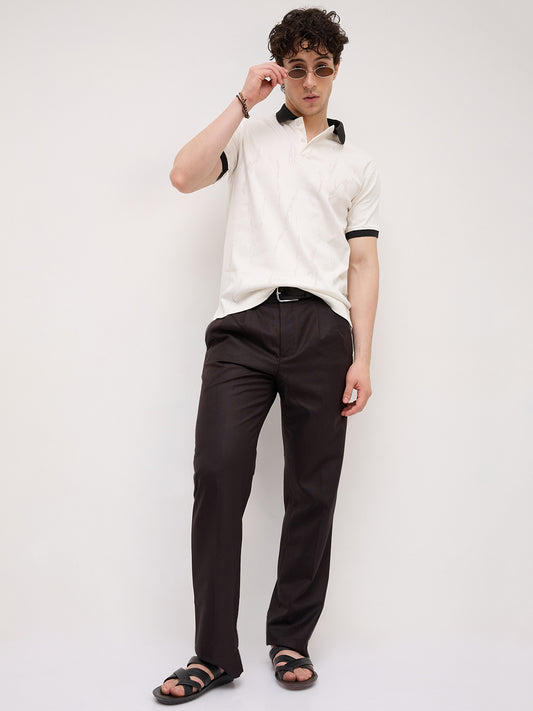 Intricate White Textured Contrast Polo Knit T-Shirt
