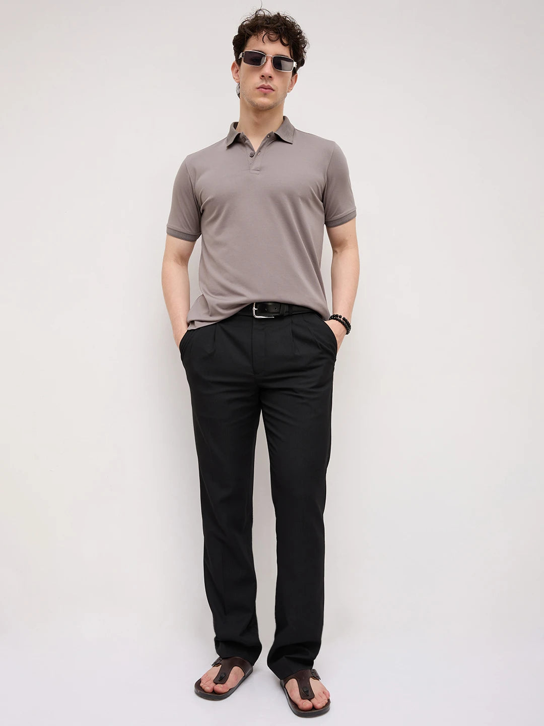Solid Stone Grey Honeycomb Polo Neck Knit T-Shirt