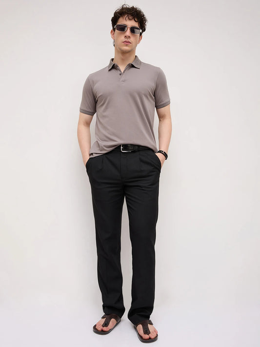 Solid Stone Grey Honeycomb Polo Neck Knit T-Shirt