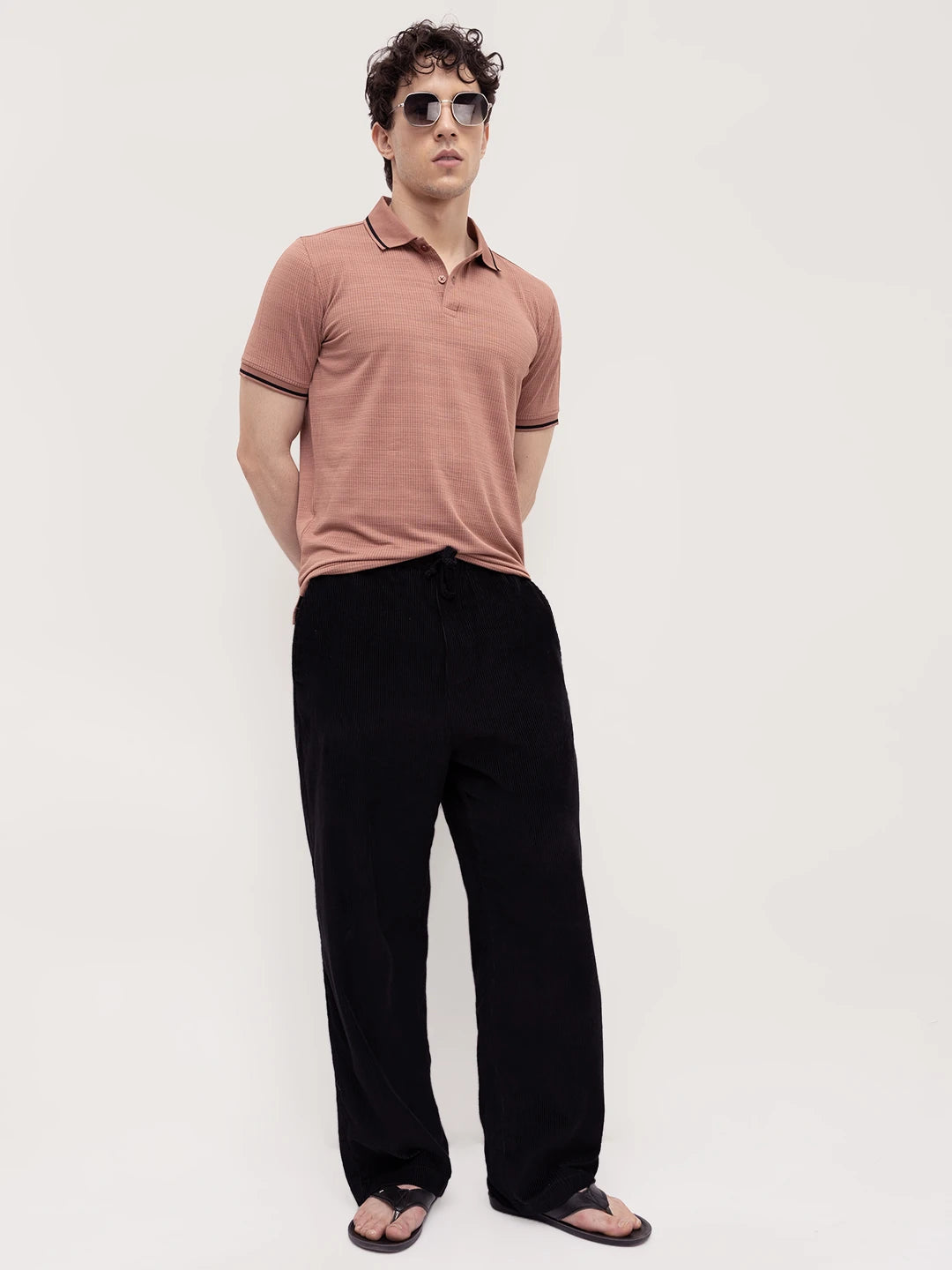 Coral Peach Grid Textured Contrast Polo Knit T-Shirt