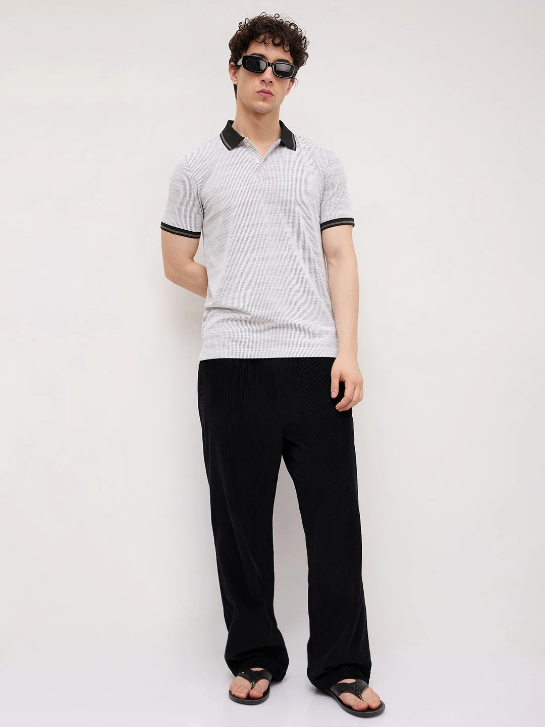 White Stripe Textured Contrast Polo Knit T-Shirt