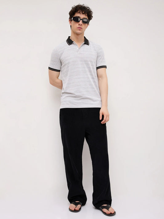 White Stripe Textured Contrast Polo Knit T-Shirt