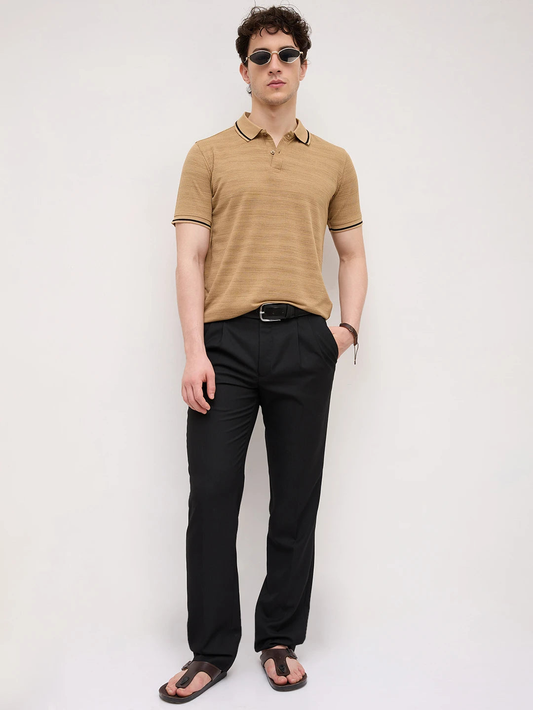 Golden Brown Stripe Embossed Polo Flat Knit T-Shirt