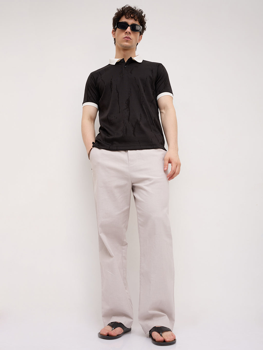 Intricate Black Textured Contrast Polo Knit T-Shirt