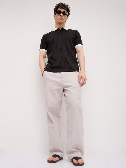 Intricate Black Textured Contrast Polo Knit T-Shirt