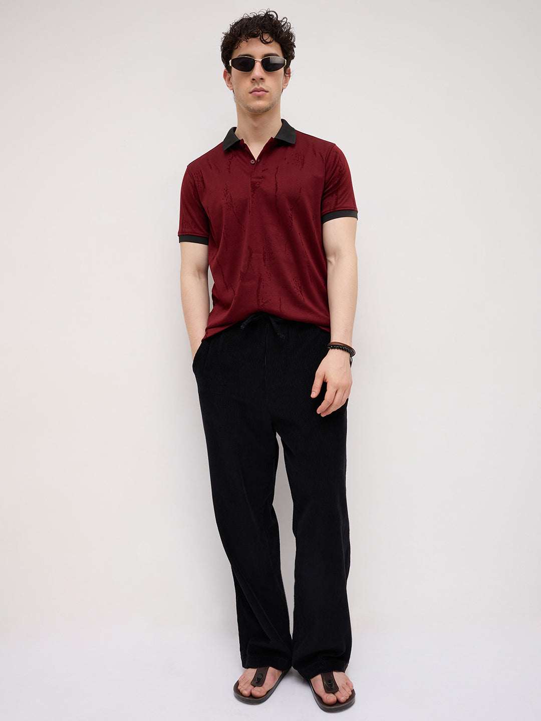 Aesthetic Maroon Textured Contrast Polo Knit T-Shirt