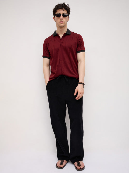 Aesthetic Maroon Textured Contrast Polo Knit T-Shirt
