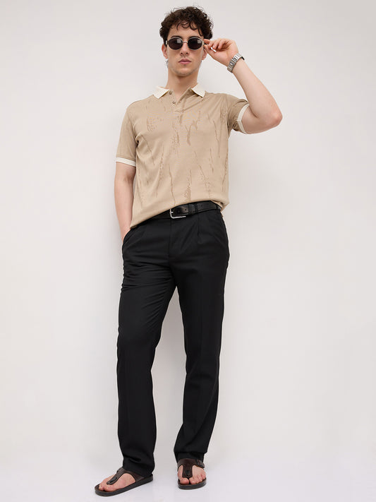 Intricate Beige Textured Contrast Polo Knit T-Shirt