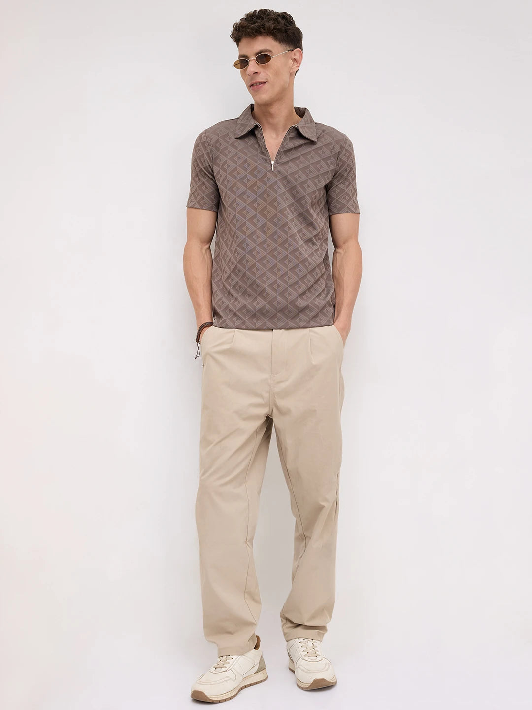 Cedar Brown Diamond Embossed Zip Polo Tee