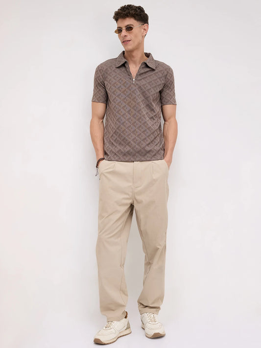 Cedar Brown Diamond Embossed Zip Polo Tee