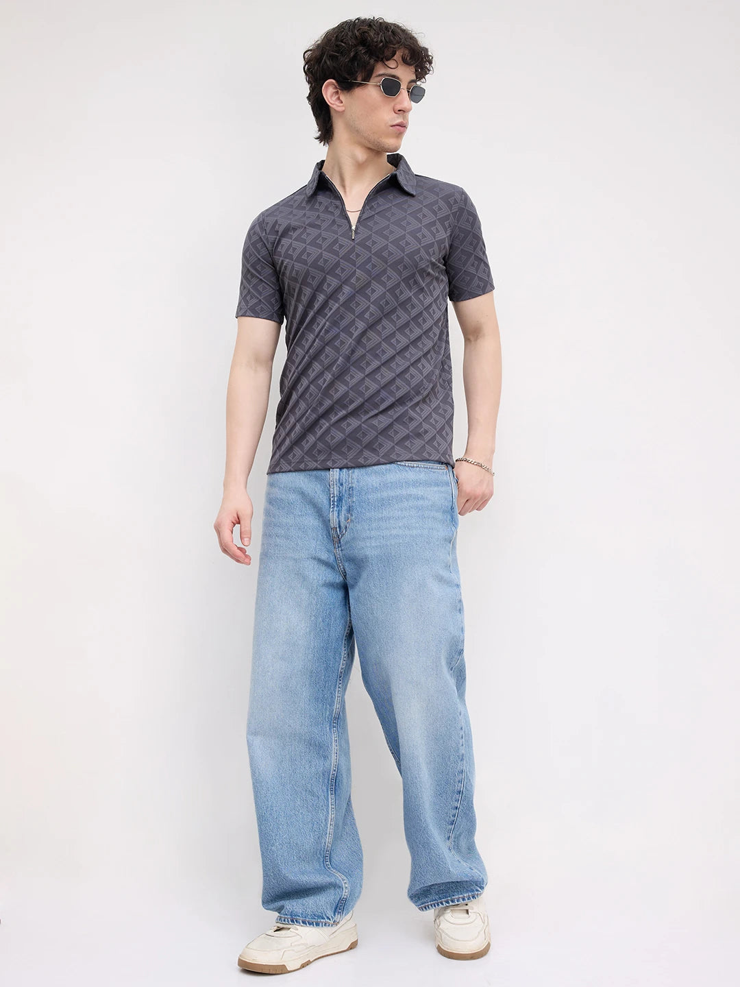 Slate Grey Diamond Embossed Zip Polo Tee