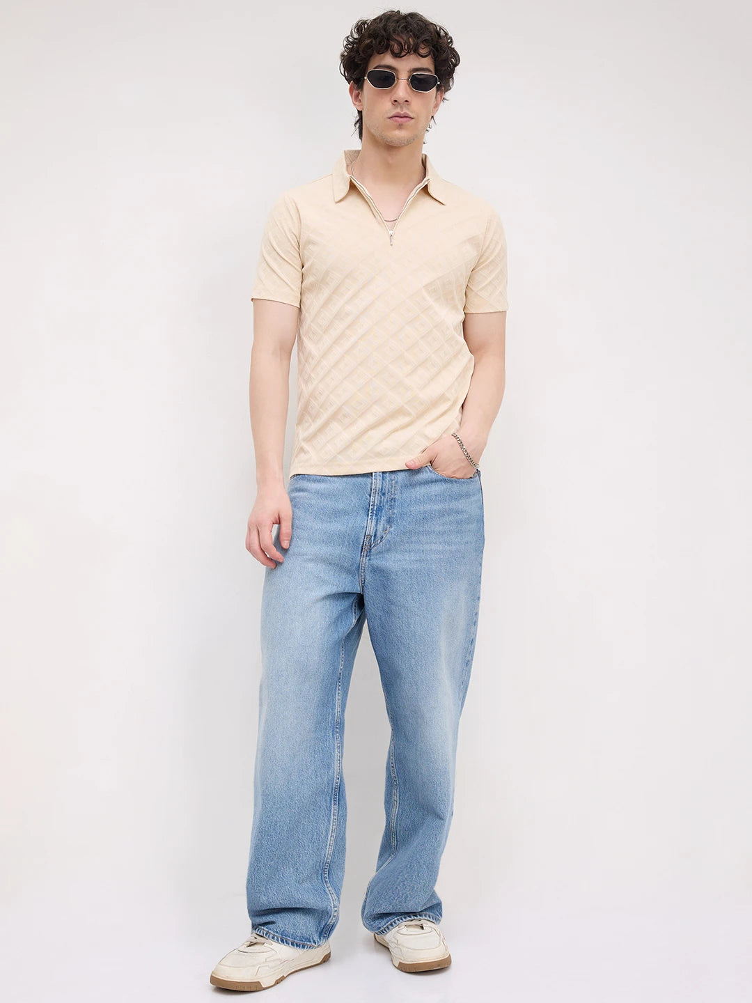 Cream Diamond Embossed Zip Polo Tee