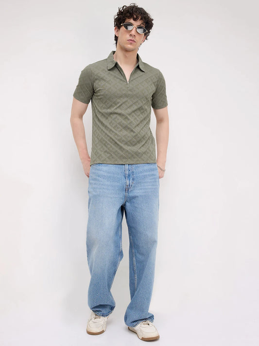 Olive Mist Diamond Embossed Zip Polo Tee