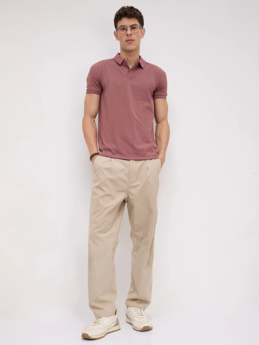 Dusty Rose Diamond Weave Polo Knit T-Shirt