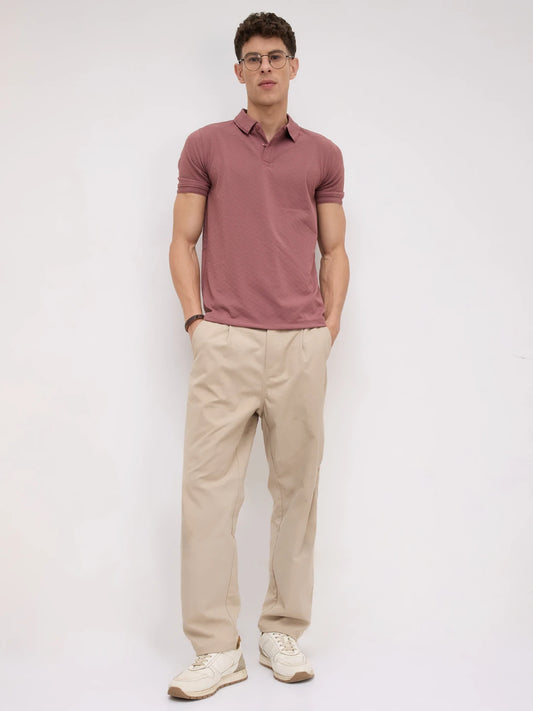 Dusty Rose Diamond Weave Polo Knit T-Shirt