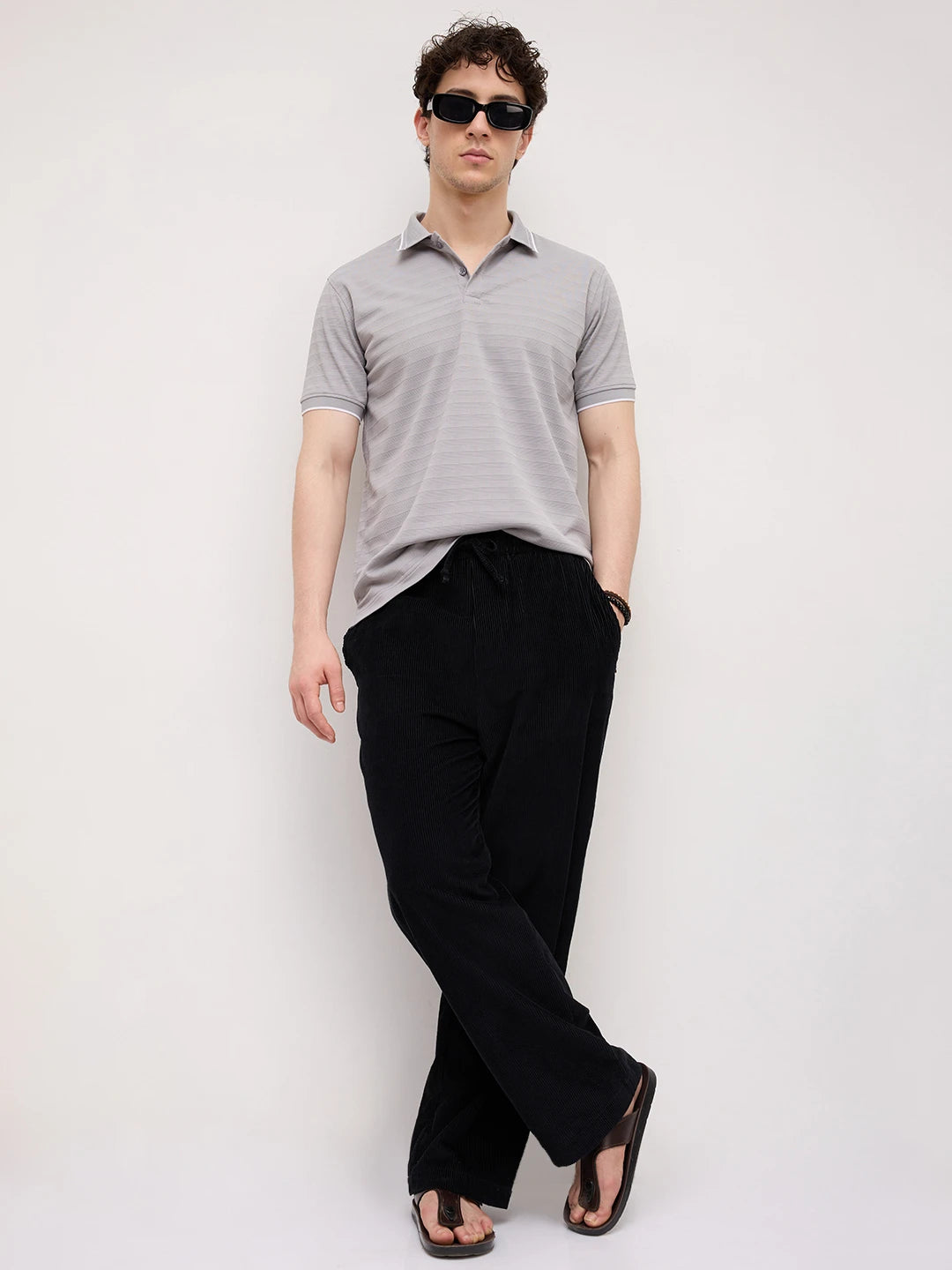 Silver Grey Horizontal Stripe Contrast Polo Knit T-Shirt