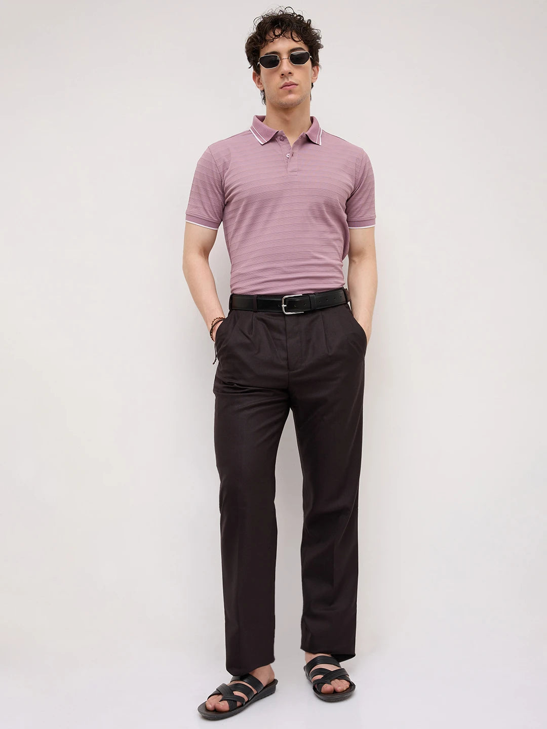 Dusty Lavender Textured Horizontal Stripe Polo Knit T-Shirt