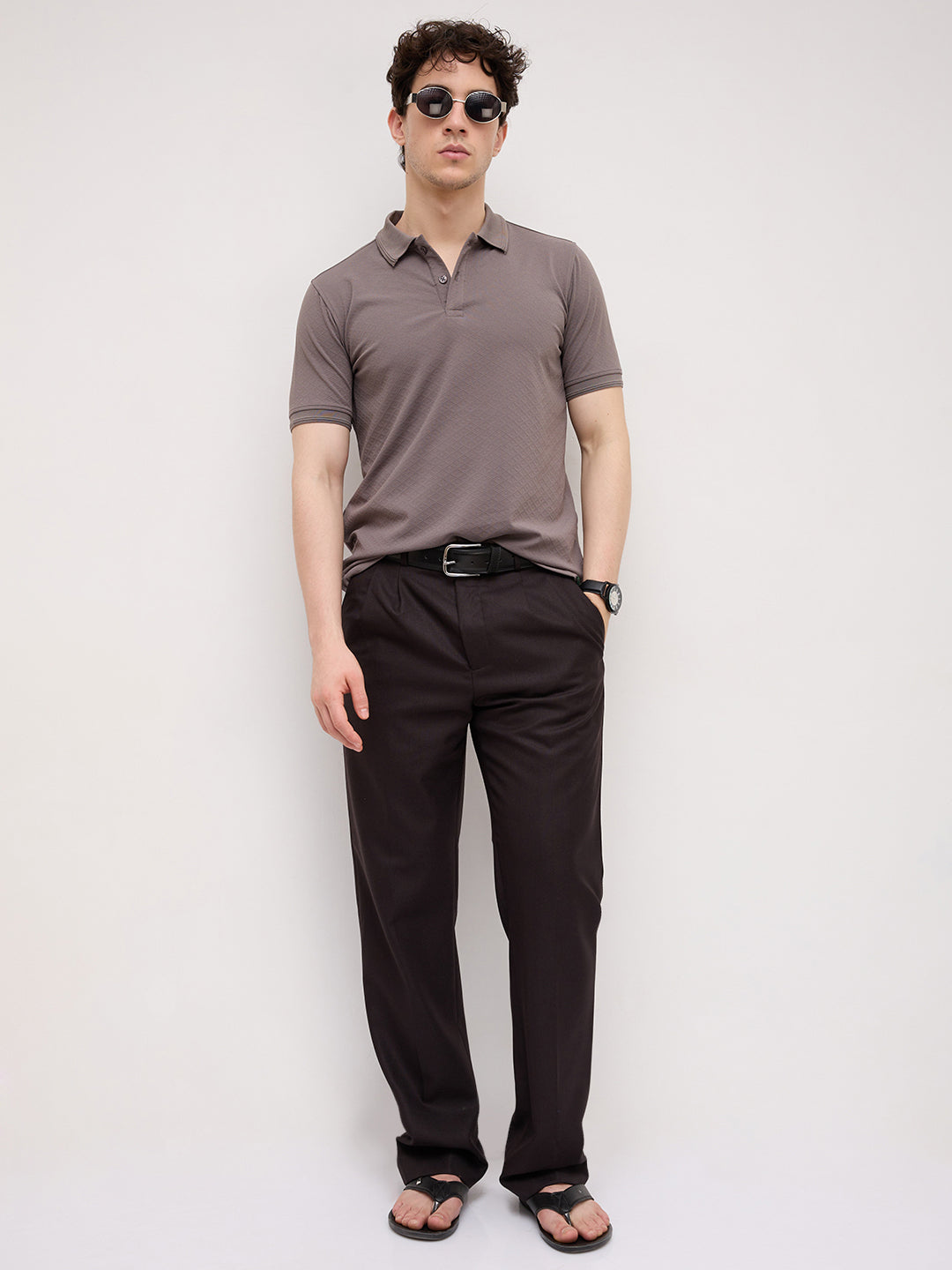 Grey Diamond Weave Polo Knit T-Shirt