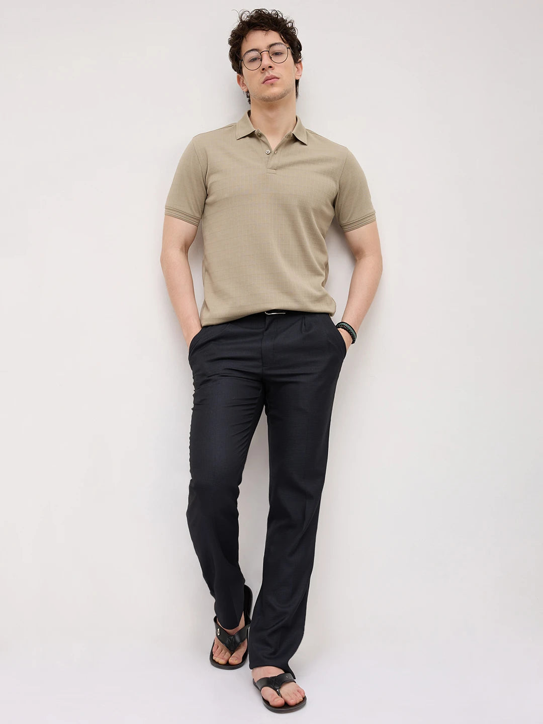 Soft Beige Checks Weave Polo Tee