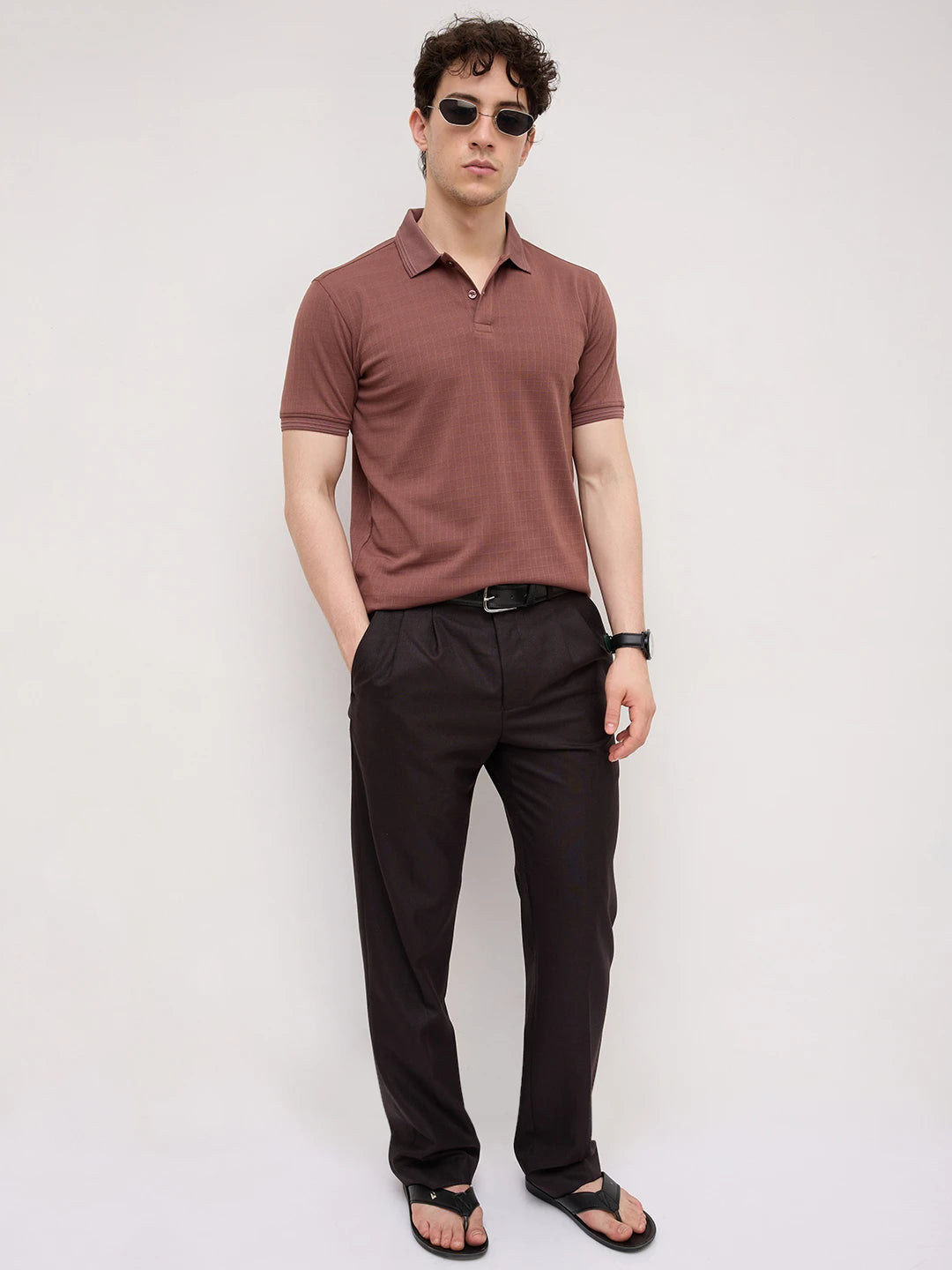 Cocoa Brown Checks Weave Polo Tee