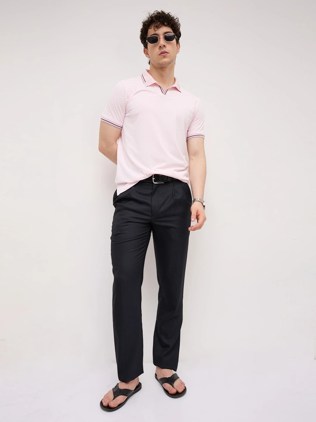 Soft Pink Contrast Knit Collar Tee