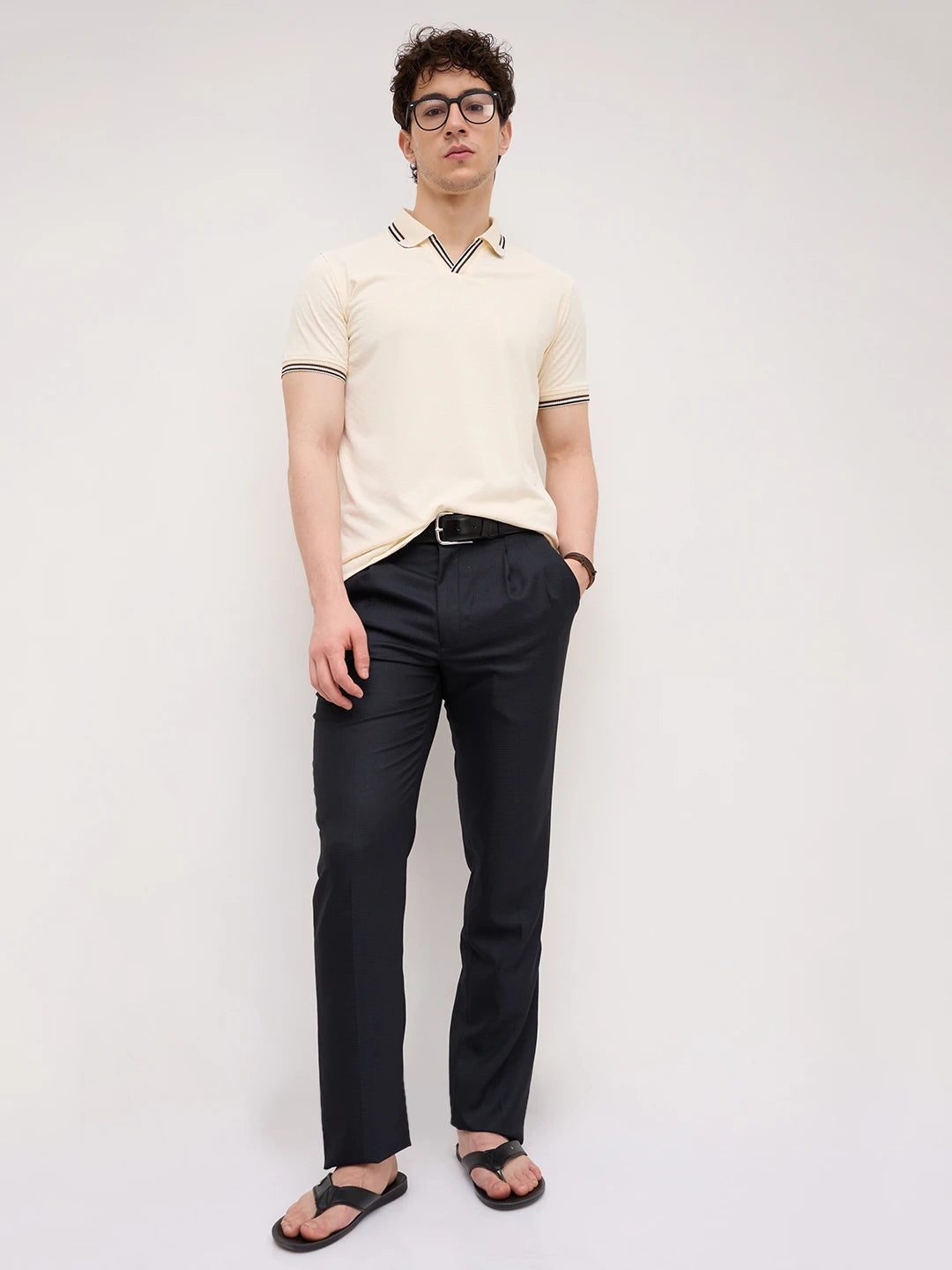 Ivory Contrast Stripe Textured Polo Tee