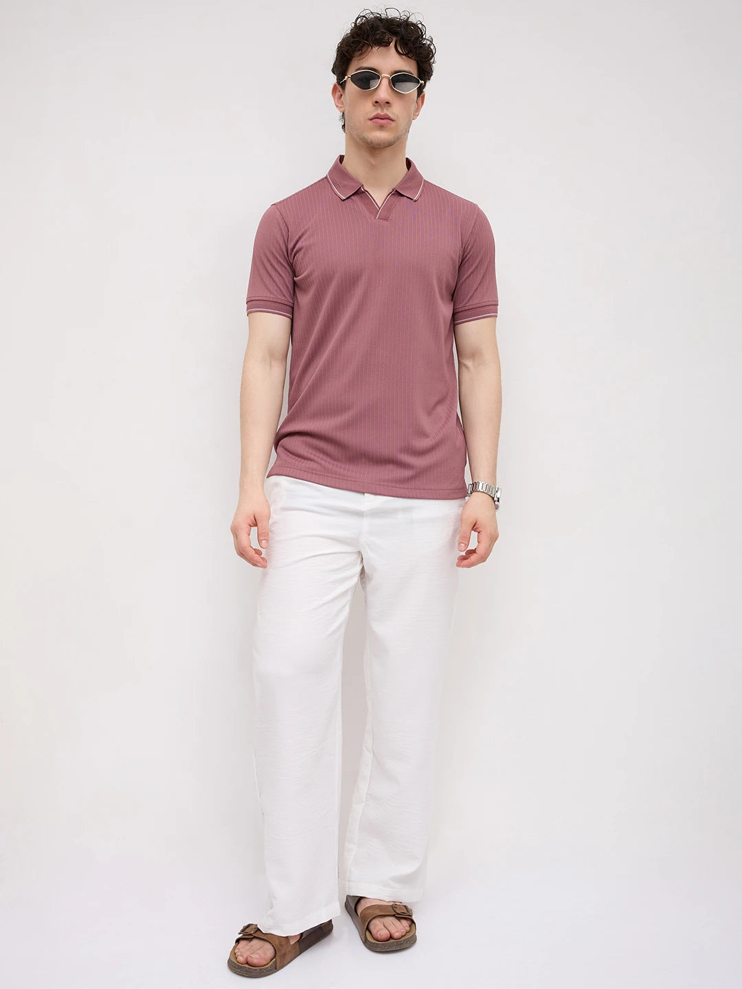 Rosewood Rib Striped Weave Polo Tee