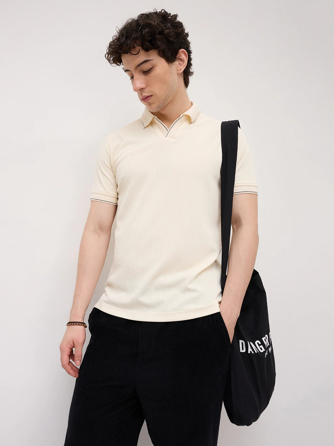 Elite Cream Pinstripe Weave Polo Tee
