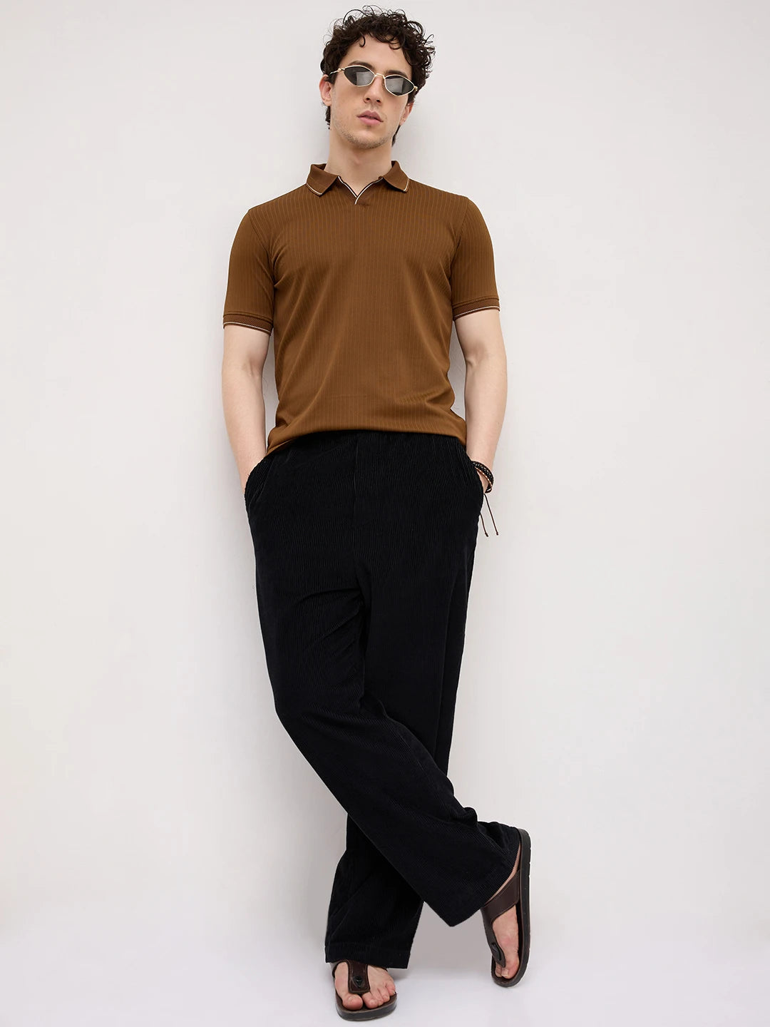 Chocolate Brown Striped Weave Polo Tee