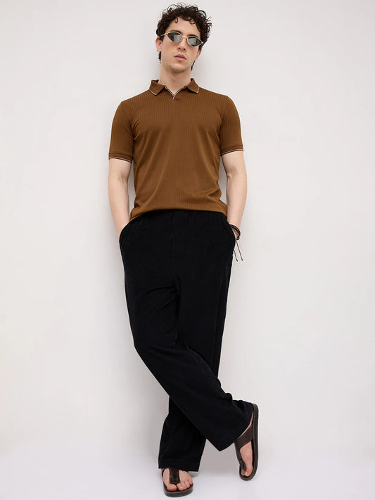 Chocolate Brown Striped Weave Polo Tee