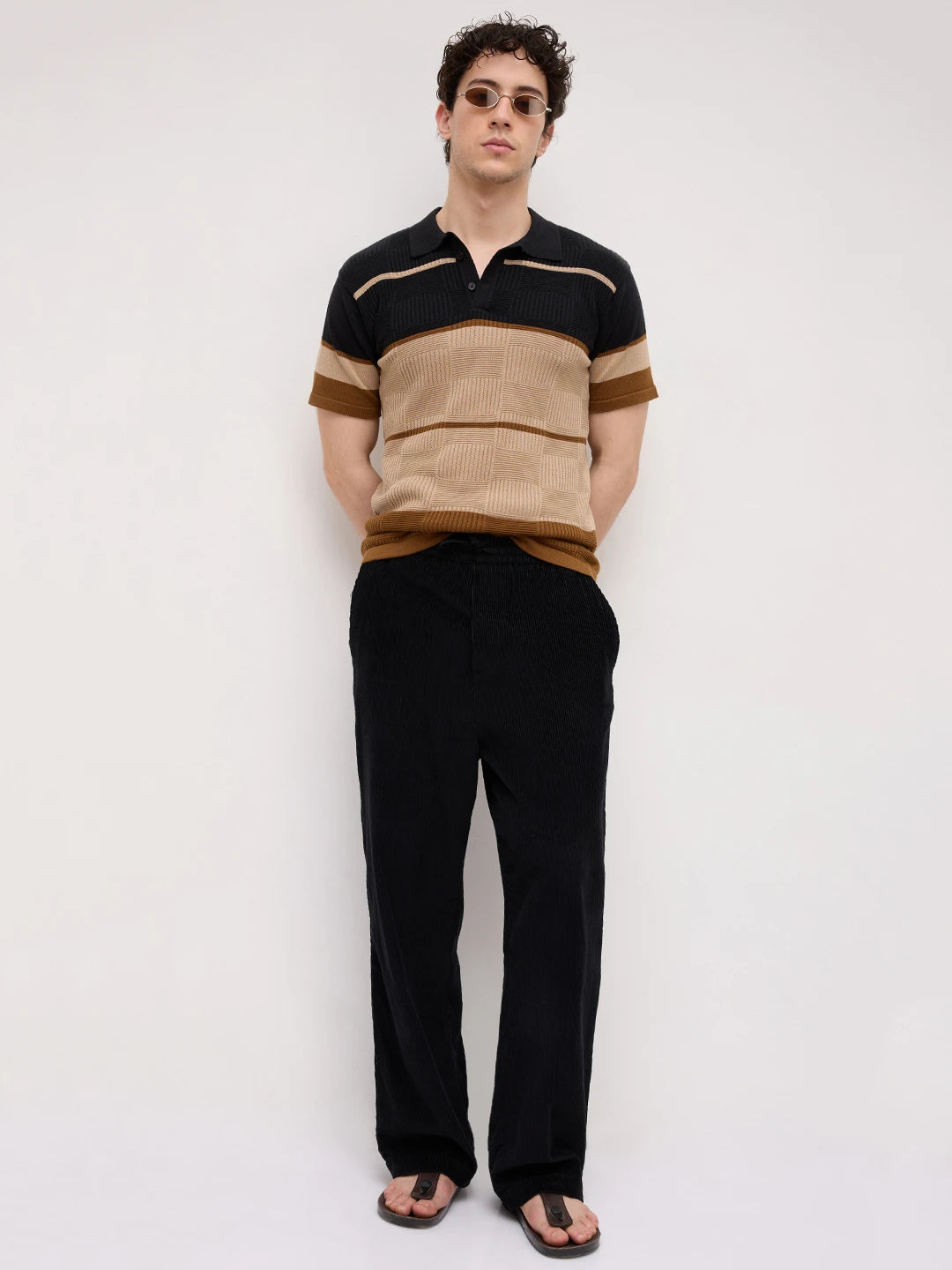 Sandstone Geometric Textured Knit Polo T-Shirt