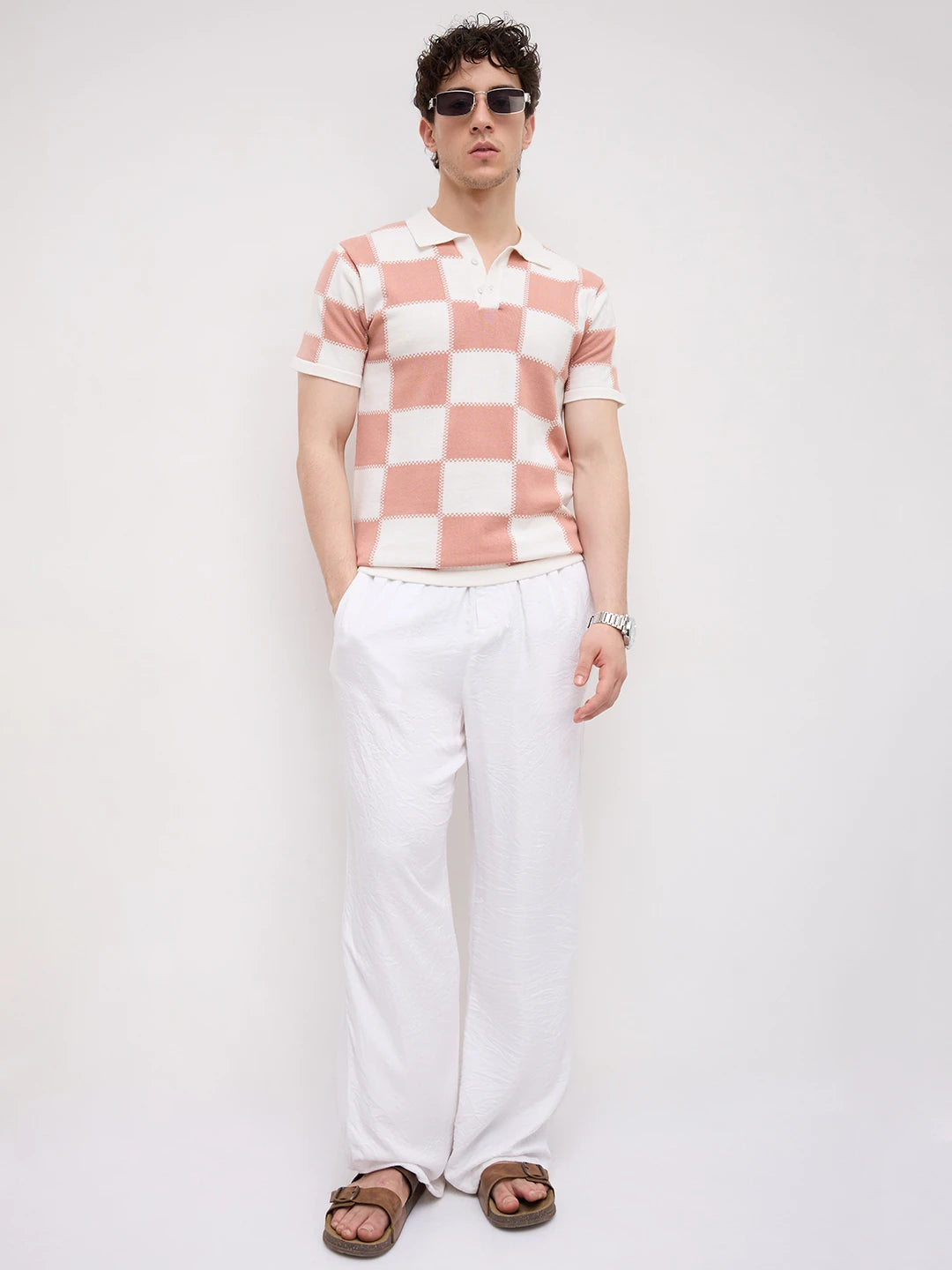 Scalloped Soft Peach Block Checks Polo Flat Knit T-shirt