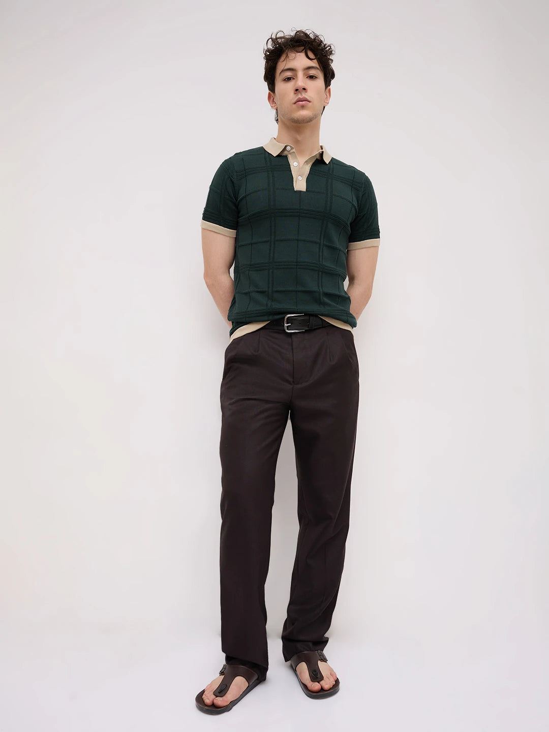 Emerald Green Windowpane Textured Contrast Polo Flat Knit T-Shirt