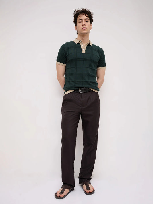 Emerald Green Windowpane Textured Contrast Polo Flat Knit T-Shirt