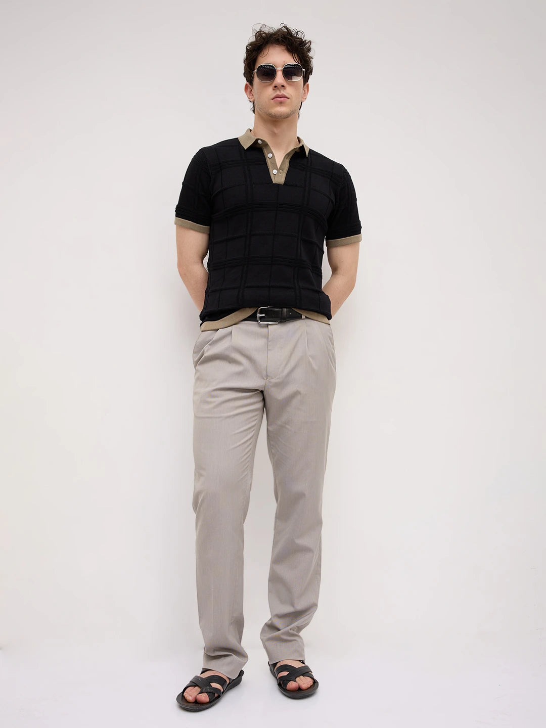 Black Windowpane Textured Contrast Polo Flat Knit T-Shirt