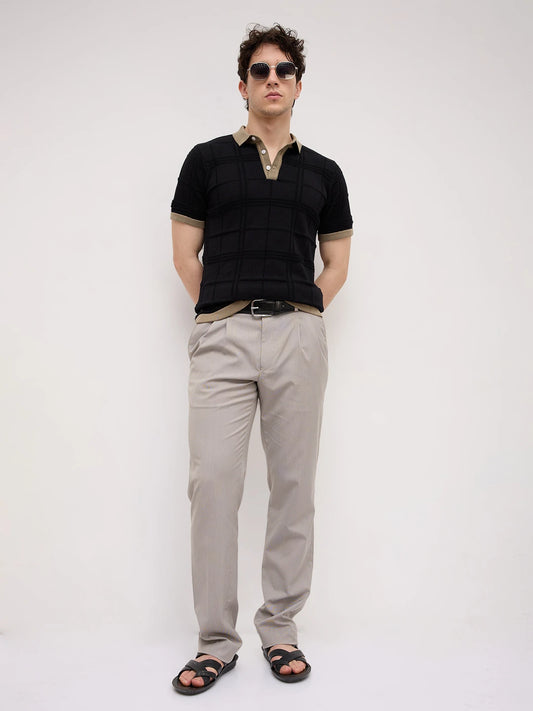 Black Windowpane Textured Contrast Polo Flat Knit T-Shirt