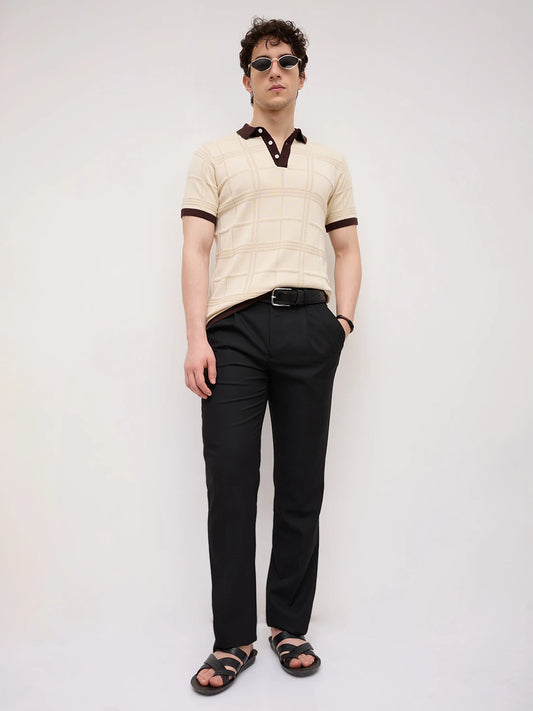 Beige Windowpane Textured Contrast Polo Flat Knit T-Shirt