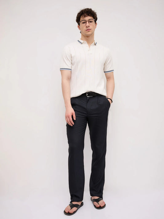 White Ribline Contrast Polo Flat Knit T-Shirt