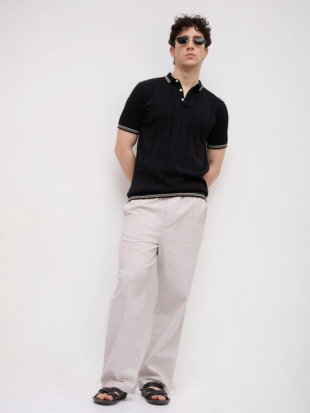 Black Ribline Contrast Polo Knit T-Shirt