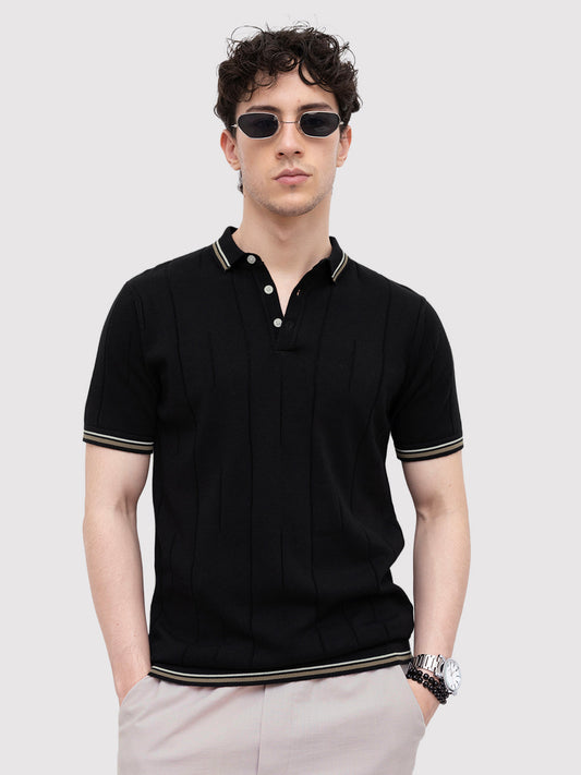 Black Ribline Contrast Polo Knit T-Shirt