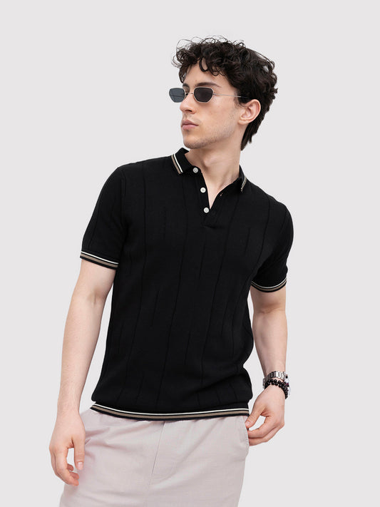 Black Ribline Contrast Polo Knit T-Shirt