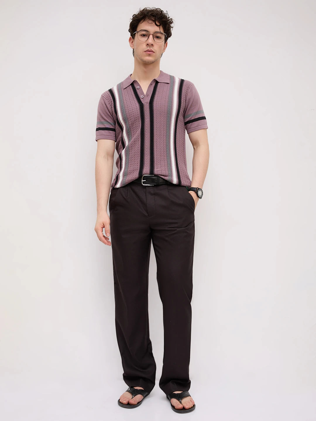 Mauve Ladder Striped Zip Flat Knit Polo T-Shirt