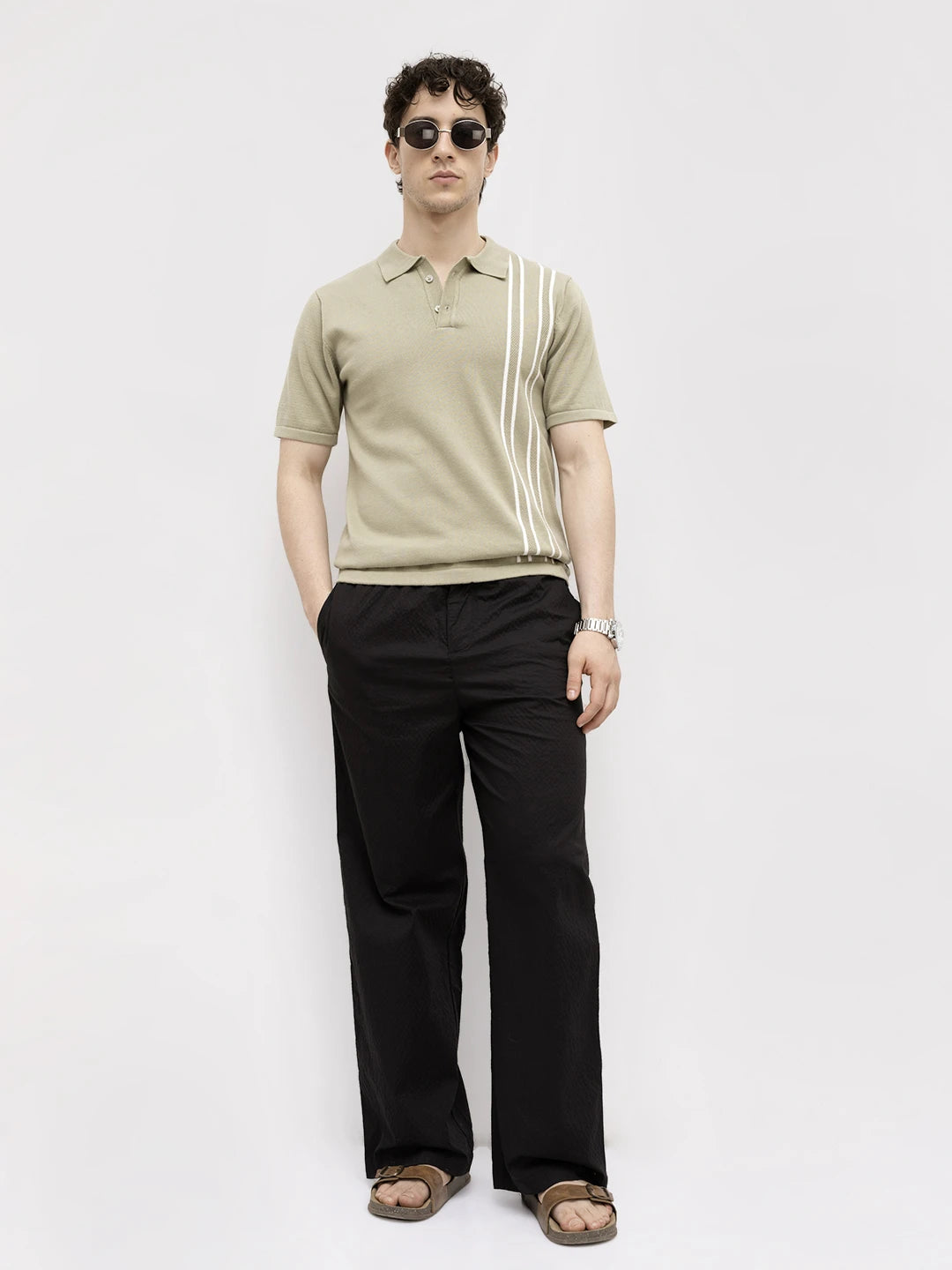 Sage Green Panel Striped Flat Knit Polo T-Shirt