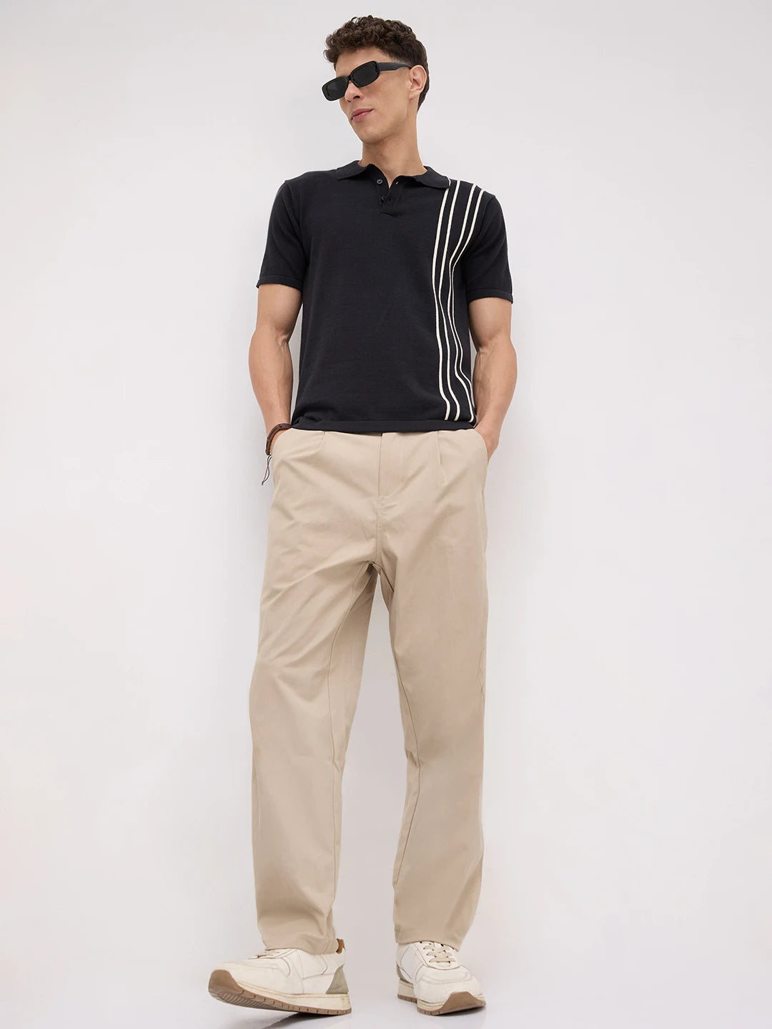Black Contrast Vertical Striped Flat Knit Polo T-Shirt