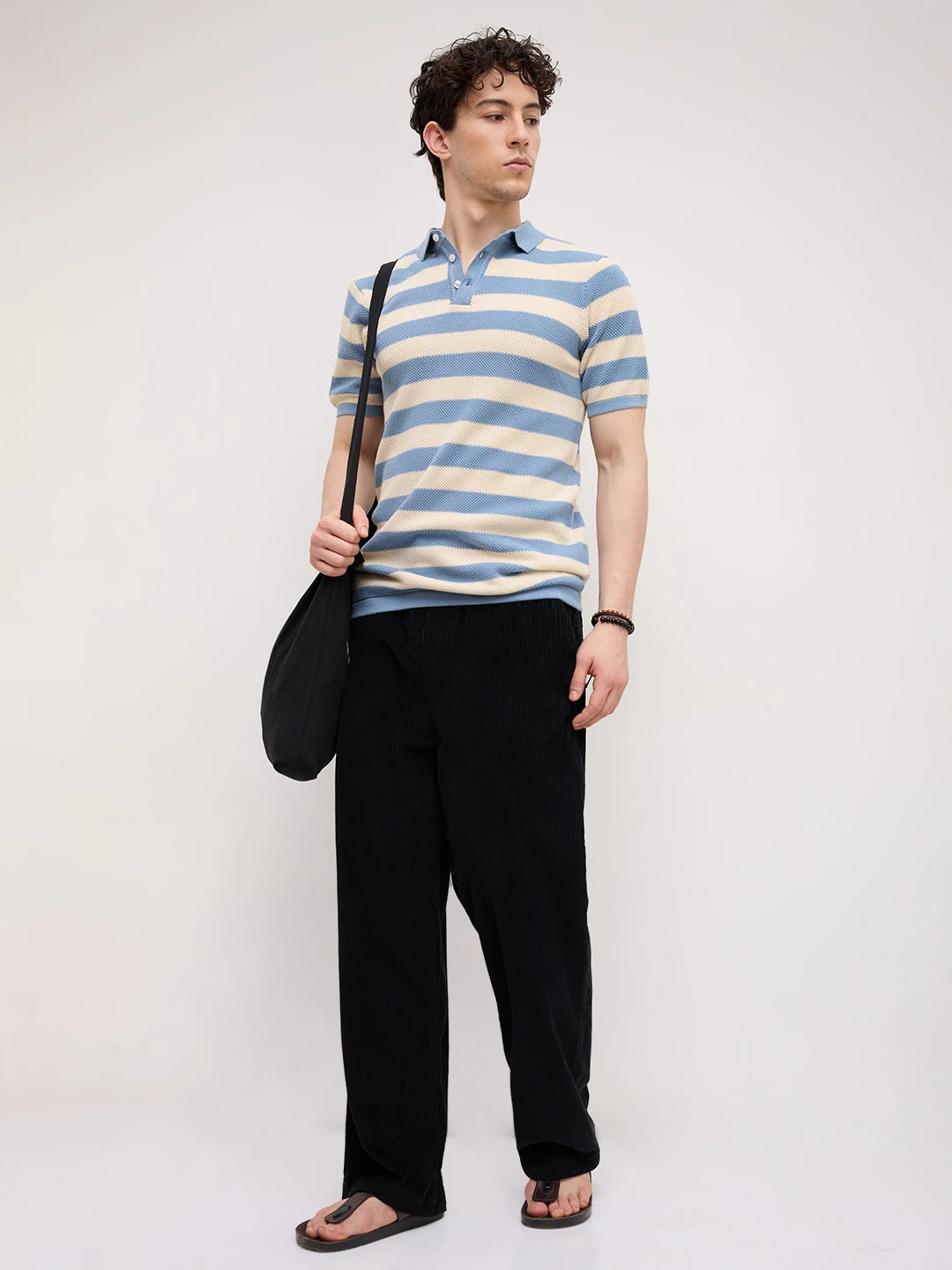 Blue & White Coastal Striped Flat Knit Polo T-Shirt