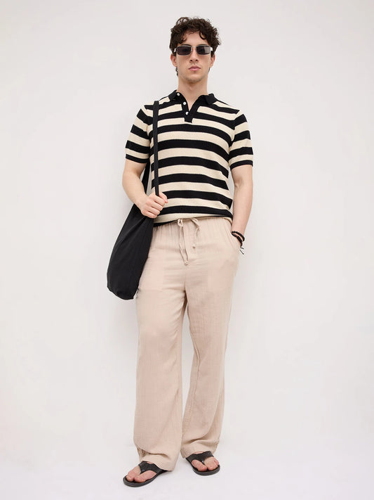 Monochrome Horizontal Striped Flat Knit Polo T-Shirt